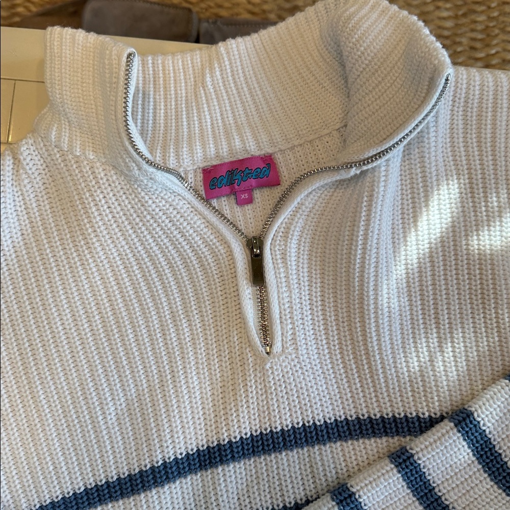 EDIKTED Quarter Zip Pullover Striped Cotton Sweater (XS) - Picture 2 of 5